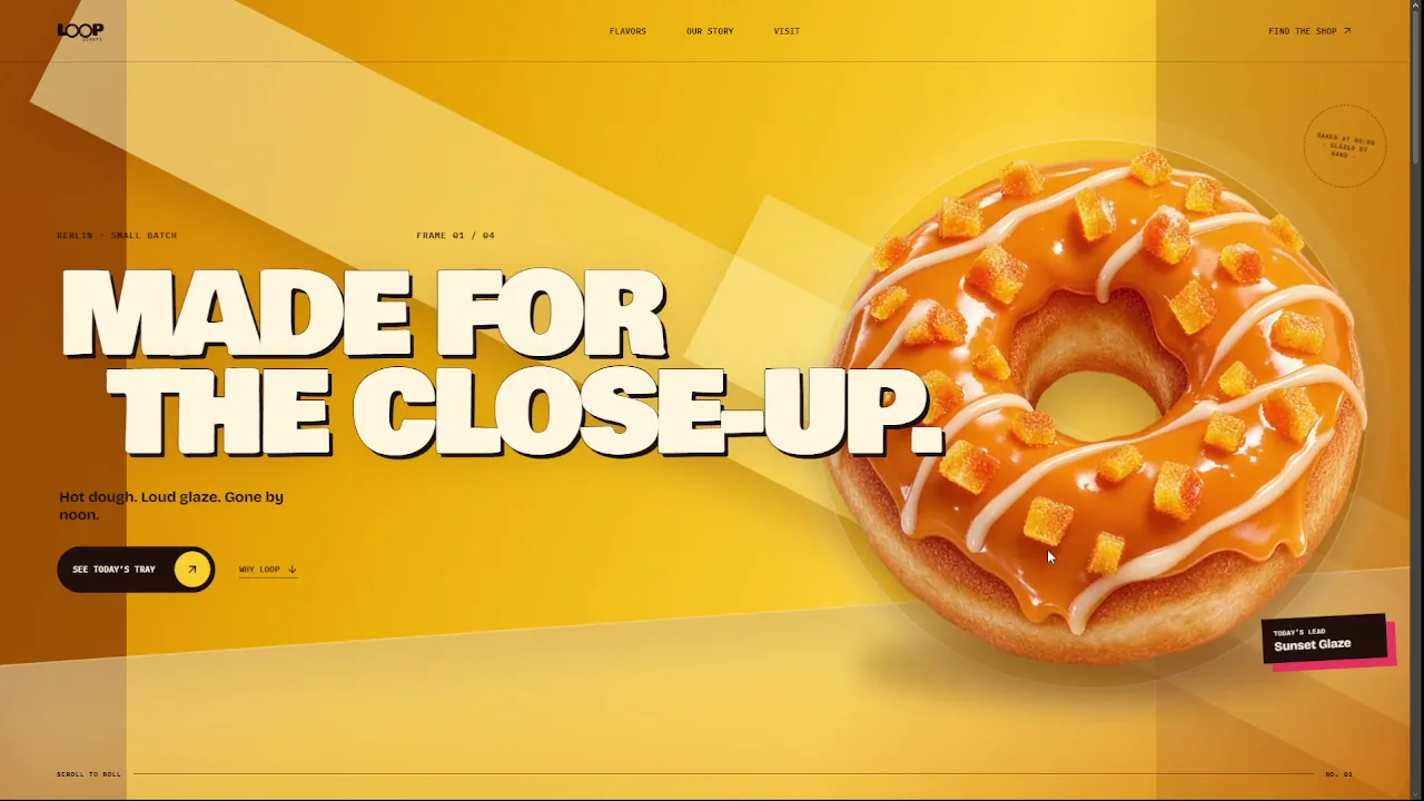 LOOP Donuts Website mit gelber Produktbühne und Donut-Sortiment