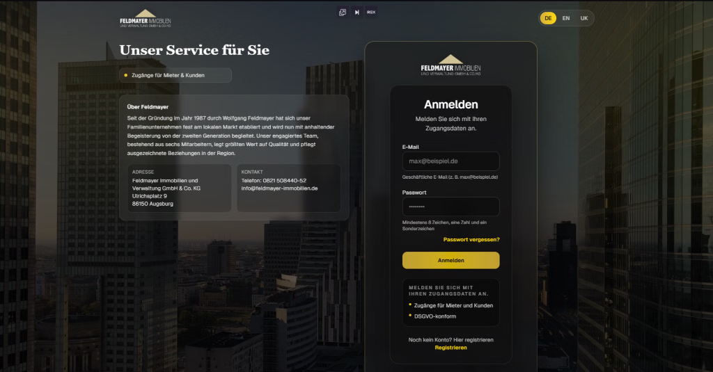 Property-Management-Plattform mit Login und Serviceinformationen