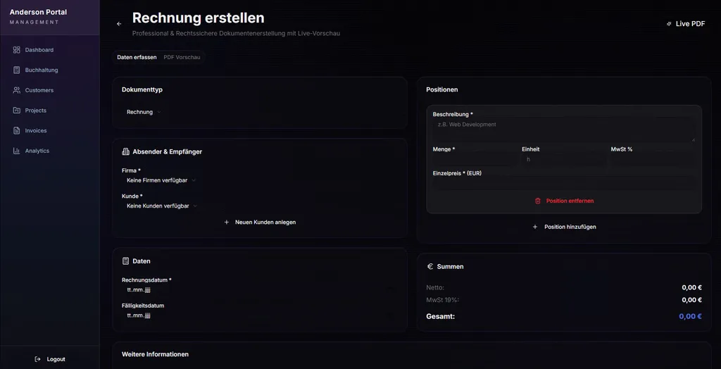Anderson Portal mit Rechnungsformular, Kundenanlage, Positionen und Dokumentvorschau